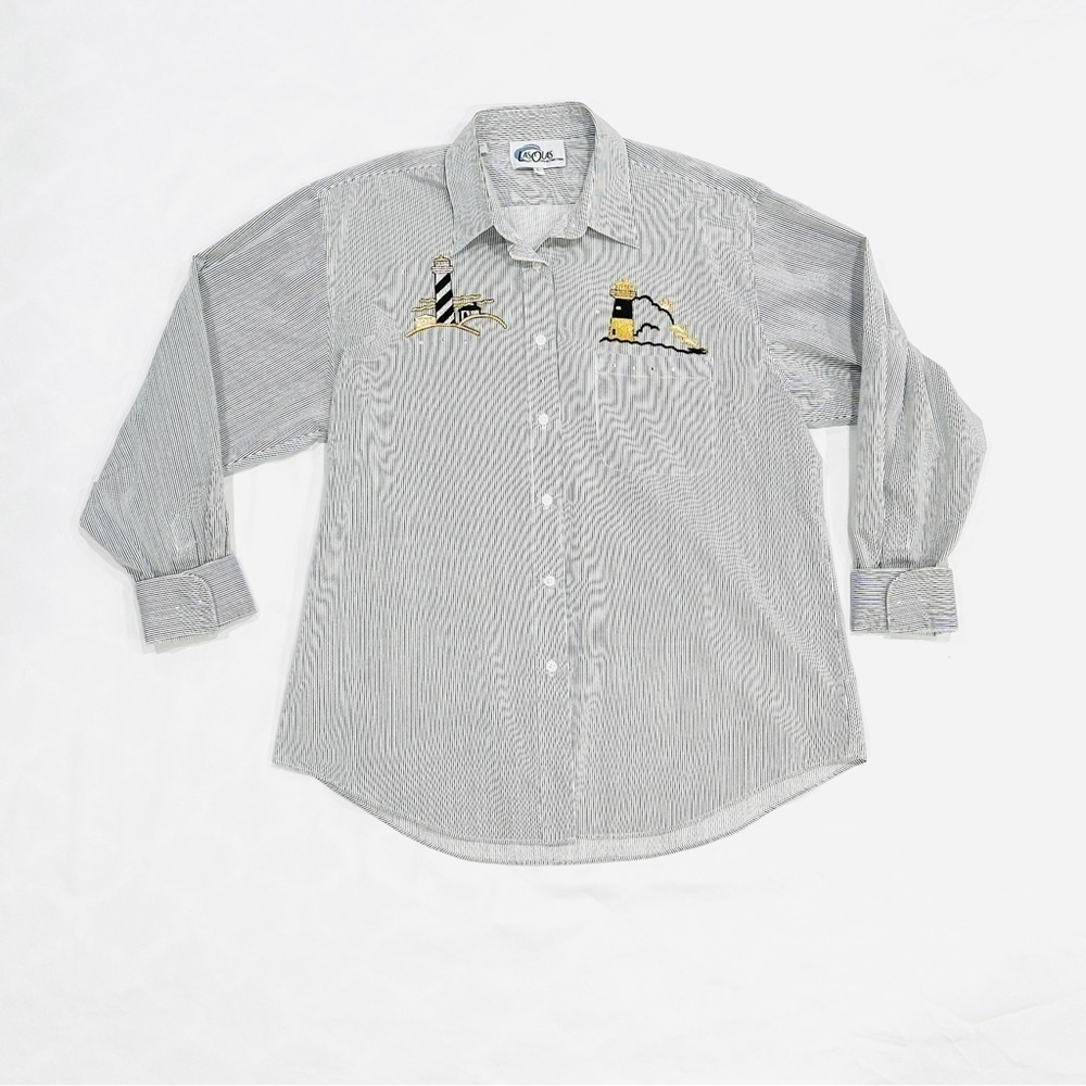 Vintage Las Olas Nautical Embroidered & Embellished Button Down Striped Shirt